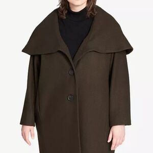 Wool Coat Petite Plus Size XXL Shawl Collar Hooded Dark Olive Green DKNY Classic